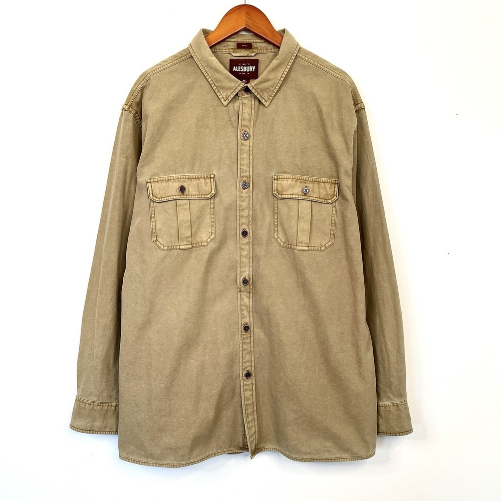 Alesbury‎ Mens Cotton Slim Button-Up Shirt Size XXL Khaki Thick Fabric Outdoors